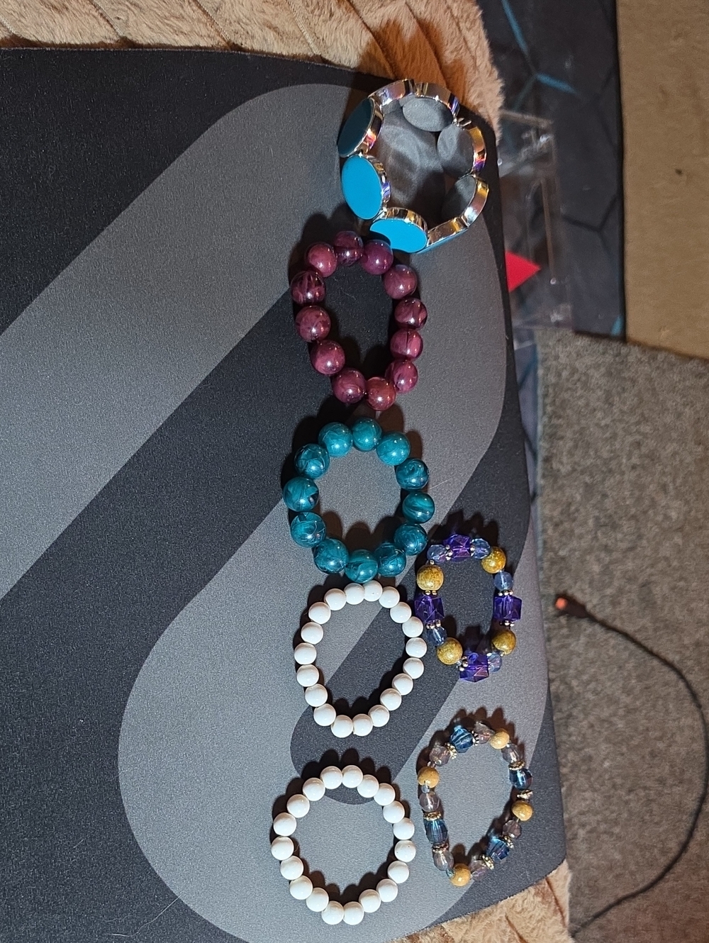 Multicolor Beaded Stretch Bracelet Set of 7- White, Teal, Purple & Gold Accents